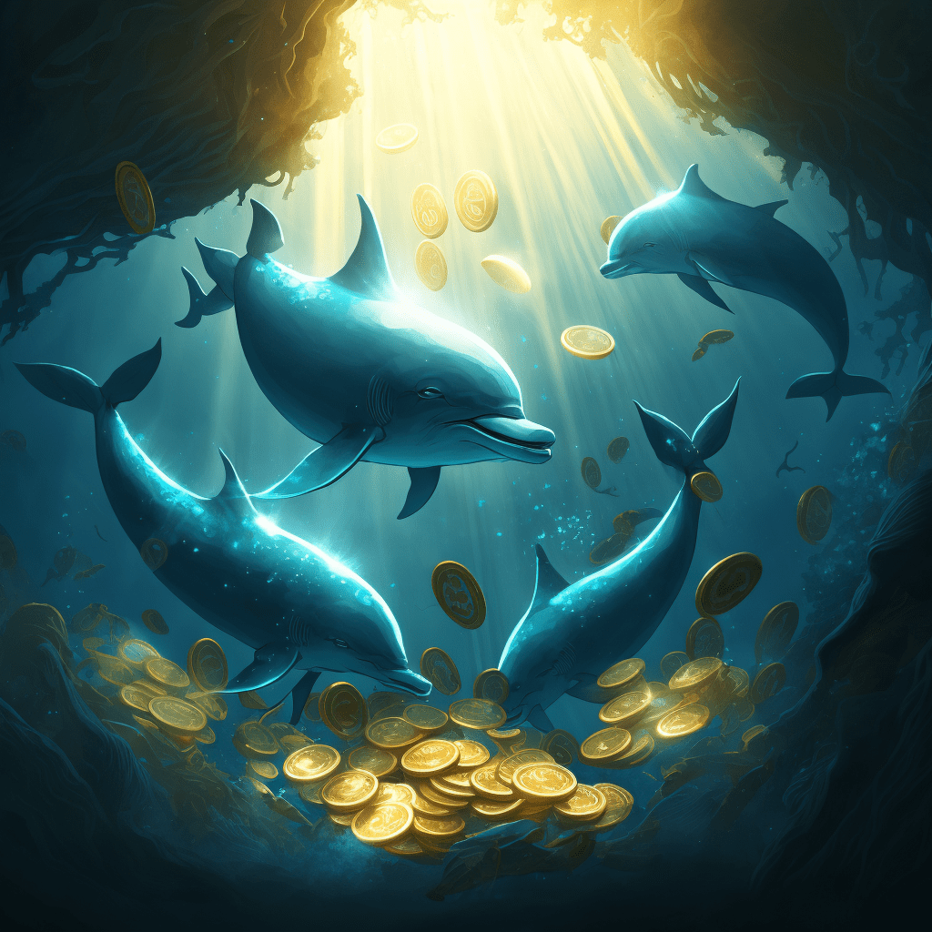 Image of dolphins and tuna swimming in an ocean with light coming in from above and gold coins floating around, generated using midjourney